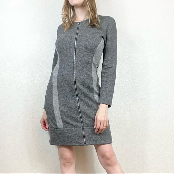 Theory Chayenne Grey Contrast Zip Front Long Sleeve Dress - Picture 2 of 11